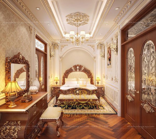 Thiết kế nội thất phòng ngủ cao cấp với vật liệu gỗ có sắc màu trầm ấm, tôn vinh uy quyền của gia chủ